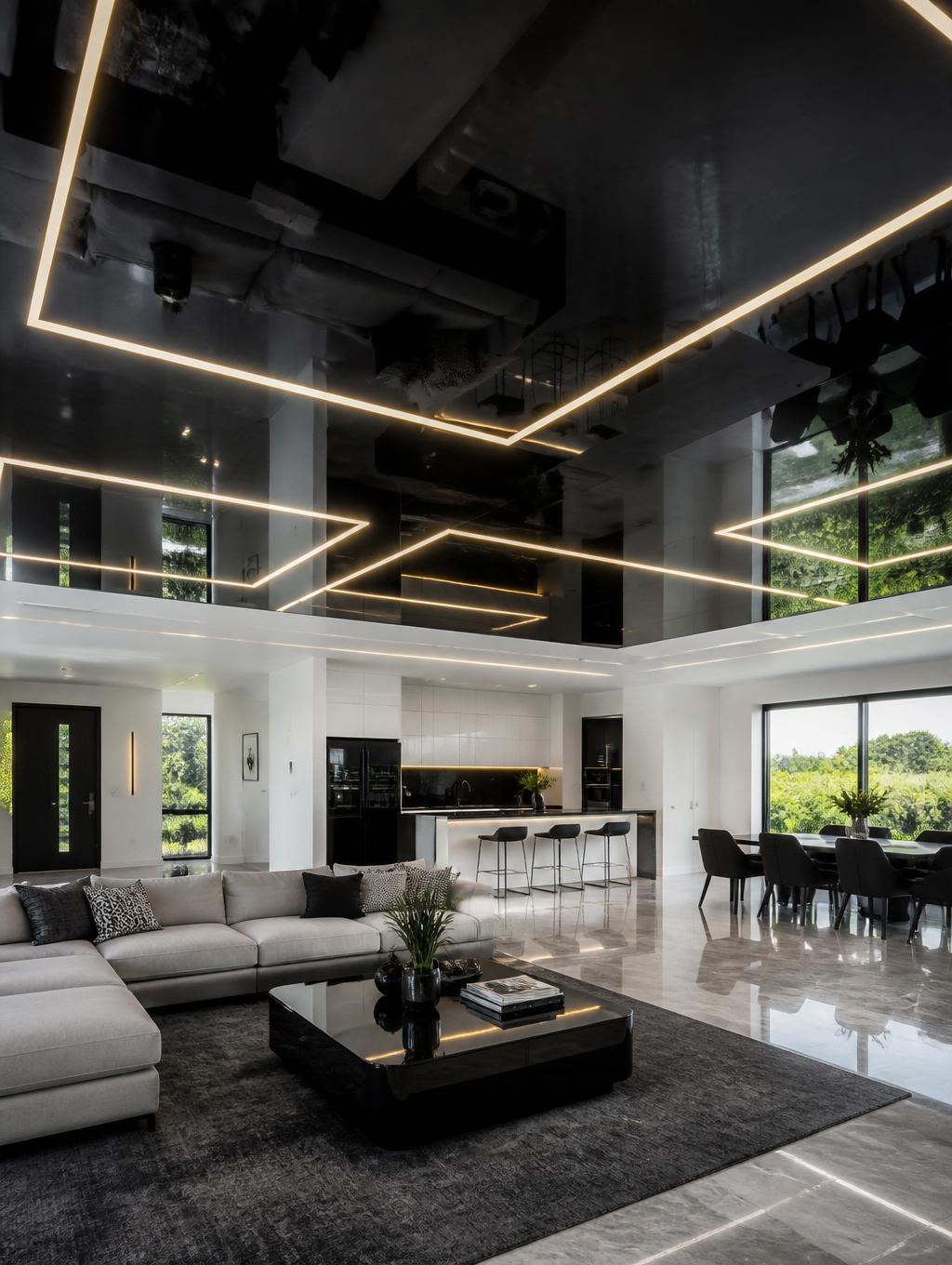 Techo tensado laca negra con líneas LED lineales
