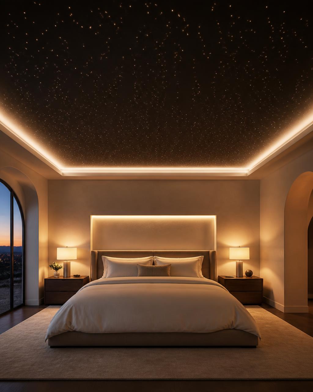 Habitación con techo tensado efecto Rolls-Royce Starlight con fibra óptica y cove LED